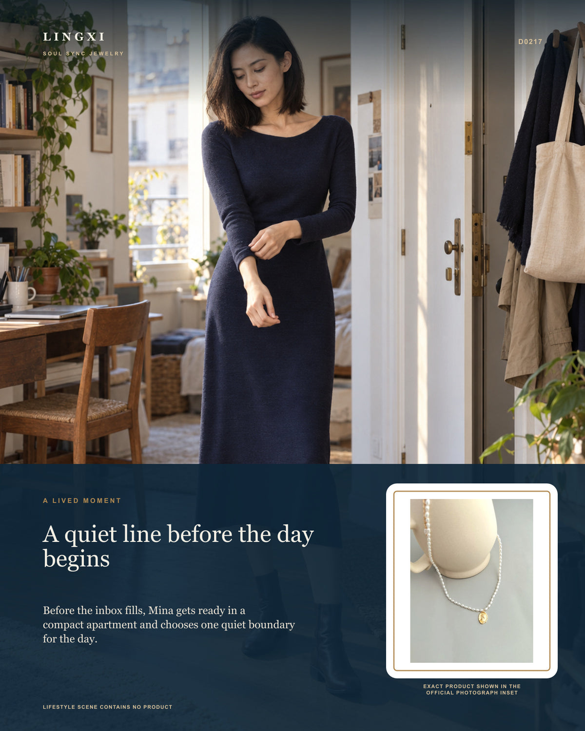 Lifestyle collage with Mina: Before the inbox fills, Mina gets ready in a compact apartment and chooses one quiet boundary for the day. Story image for the Lingxi Tidemark Necklace.