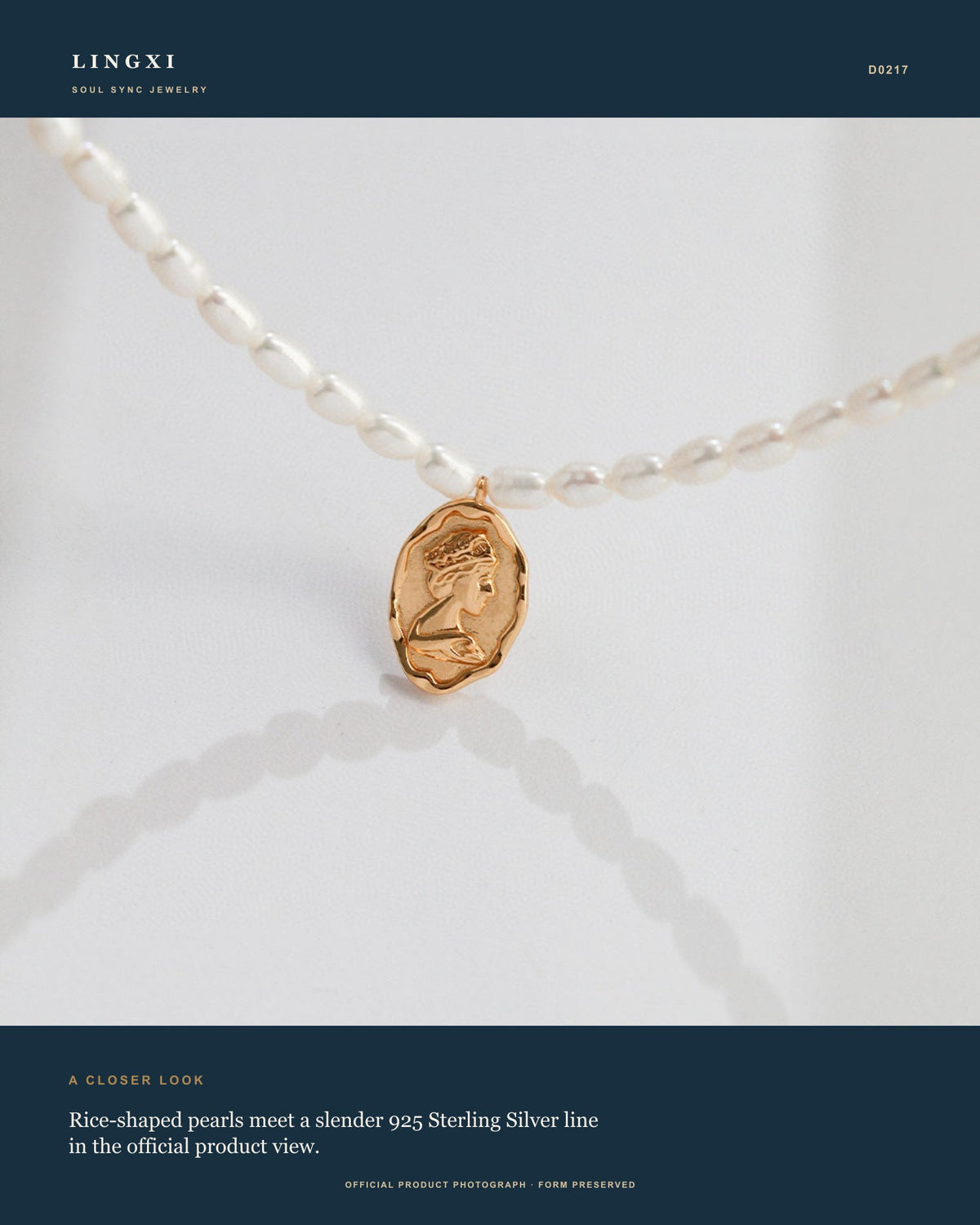 Close-up product view of the Lingxi Tidemark Necklace with rice-shaped pearls and 925 Sterling Silver.
