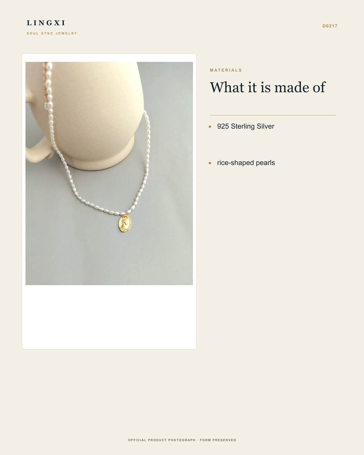 Tidemark Necklace materials: 925 Sterling Silver and rice-shaped pearls.