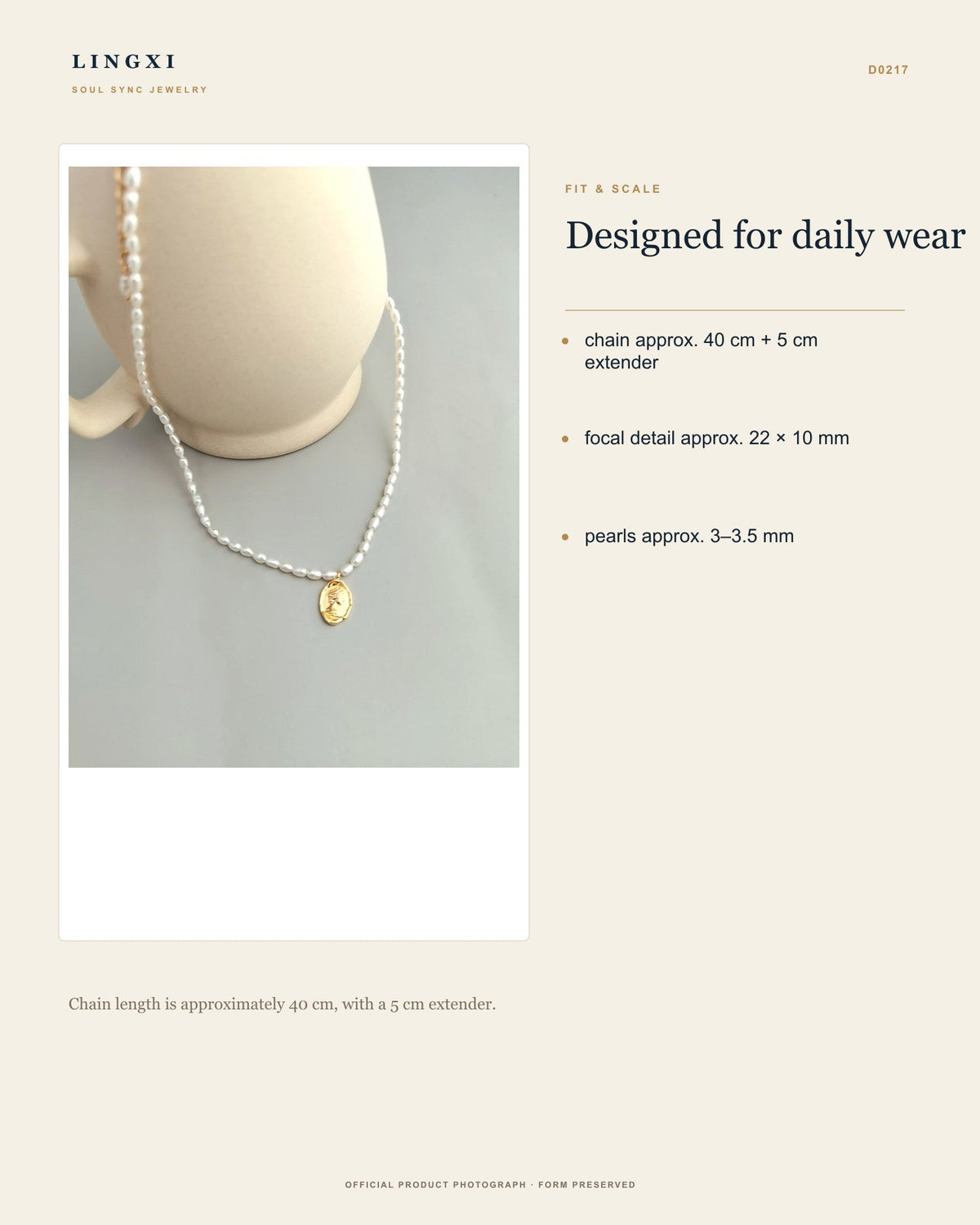 Tidemark Necklace fit and scale, including chain, focal detail and pearl measurements.