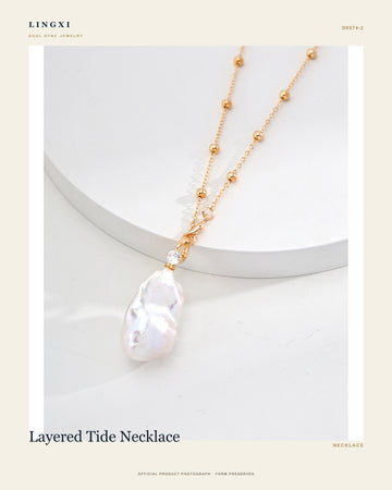 Layered Tide Necklace in 925 Sterling Silver, pearl, official full product view.