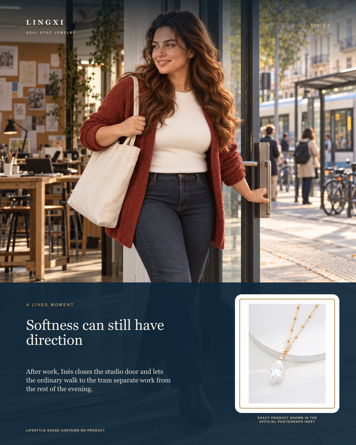 Lifestyle collage with Inés: After work, Inés closes the studio door and lets the ordinary walk to the tram separate work from the rest of the evening. Story image for the Lingxi Layered Tide Necklace.