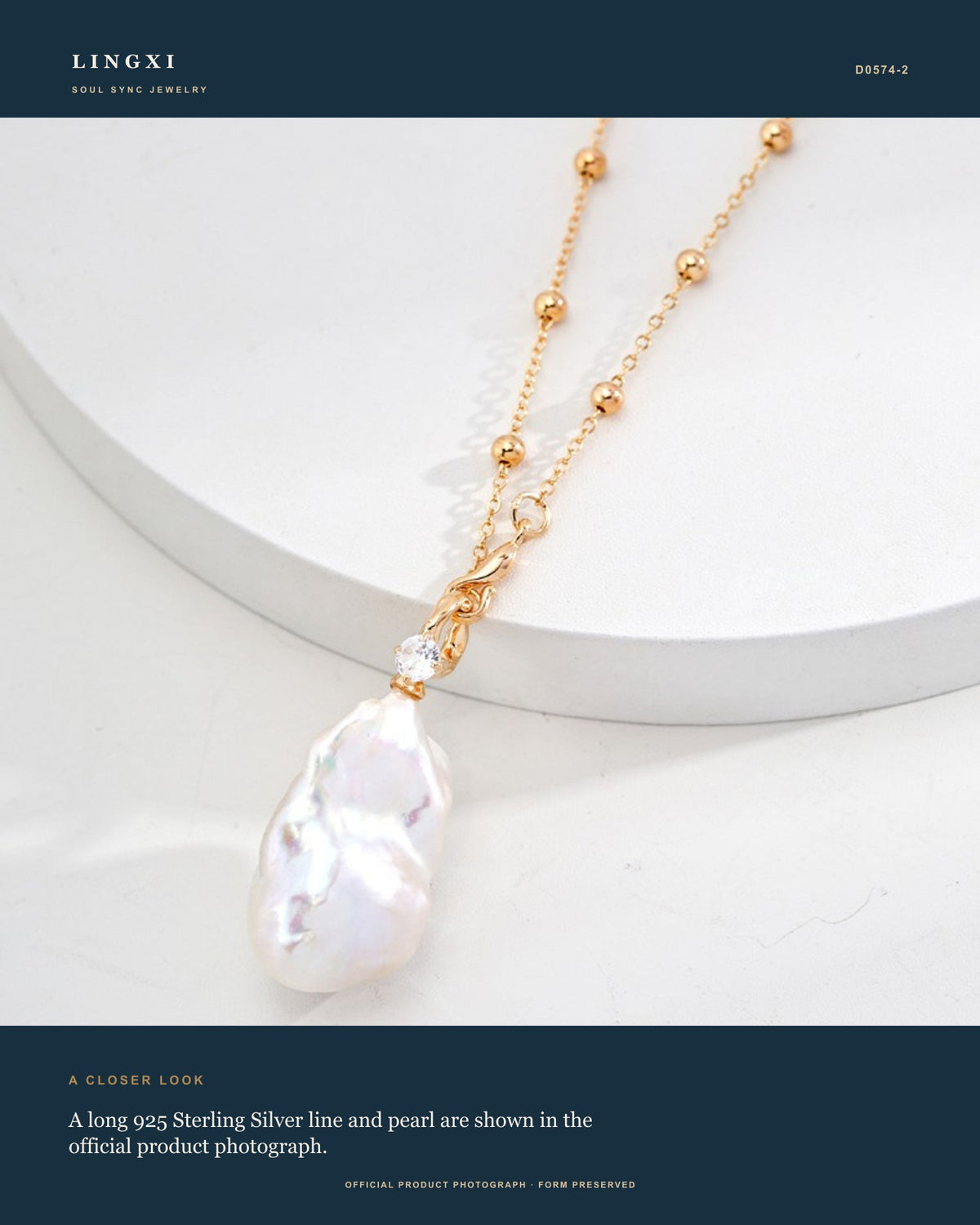 Close-up product view of the Lingxi Layered Tide Necklace with a pearl pendant and 925 Sterling Silver.