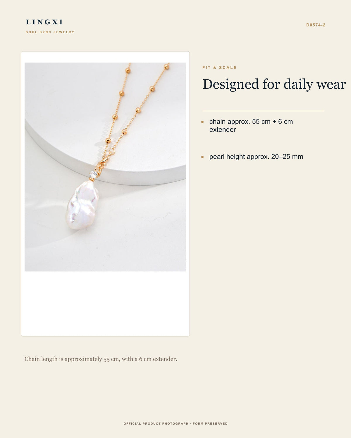 Layered Tide Necklace fit and scale, including chain, extender and pearl measurements.
