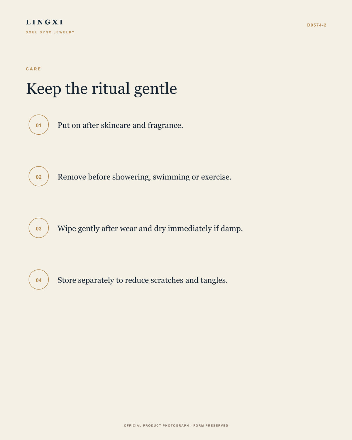 Care guide for the Lingxi Layered Tide Necklace.