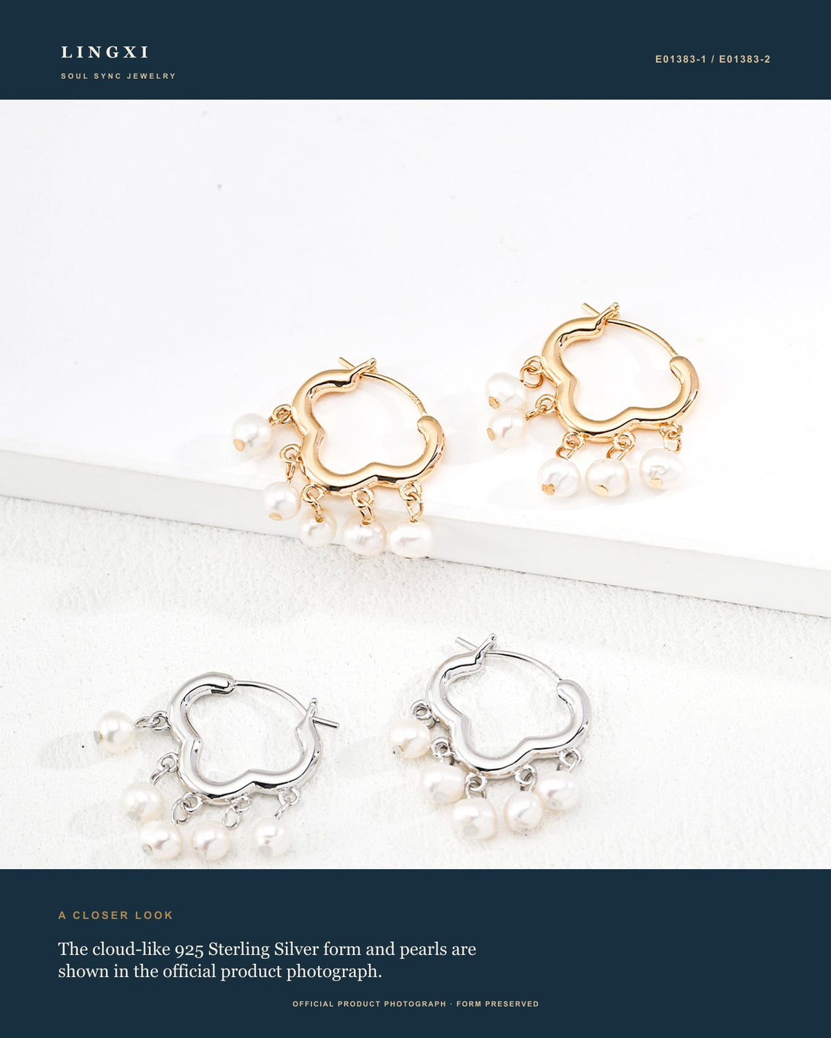 Close-up product view of the Lingxi Cloudkeep Earrings with pearls and 925 Sterling Silver.