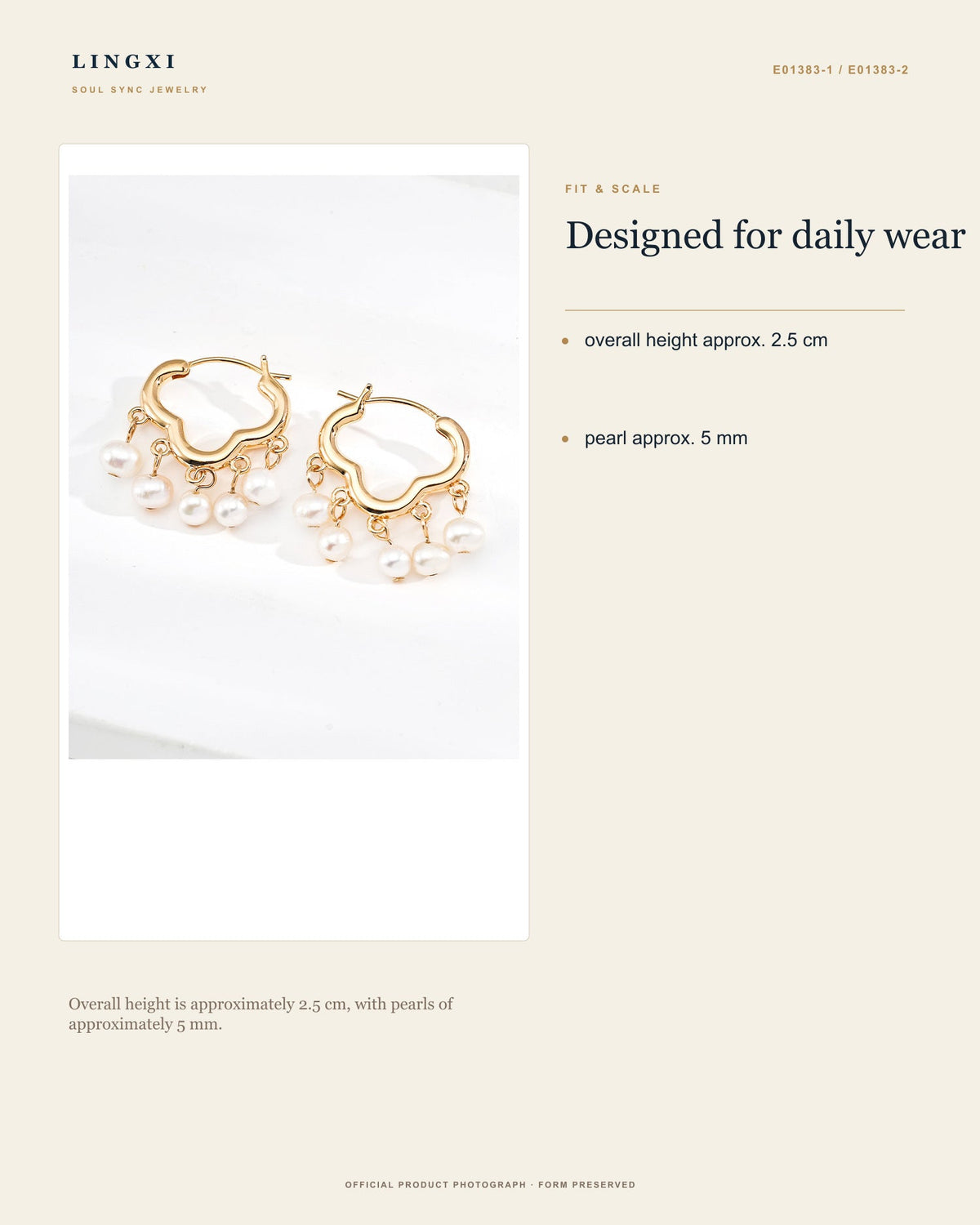Cloudkeep Earrings fit and scale, including overall height and pearl measurements.