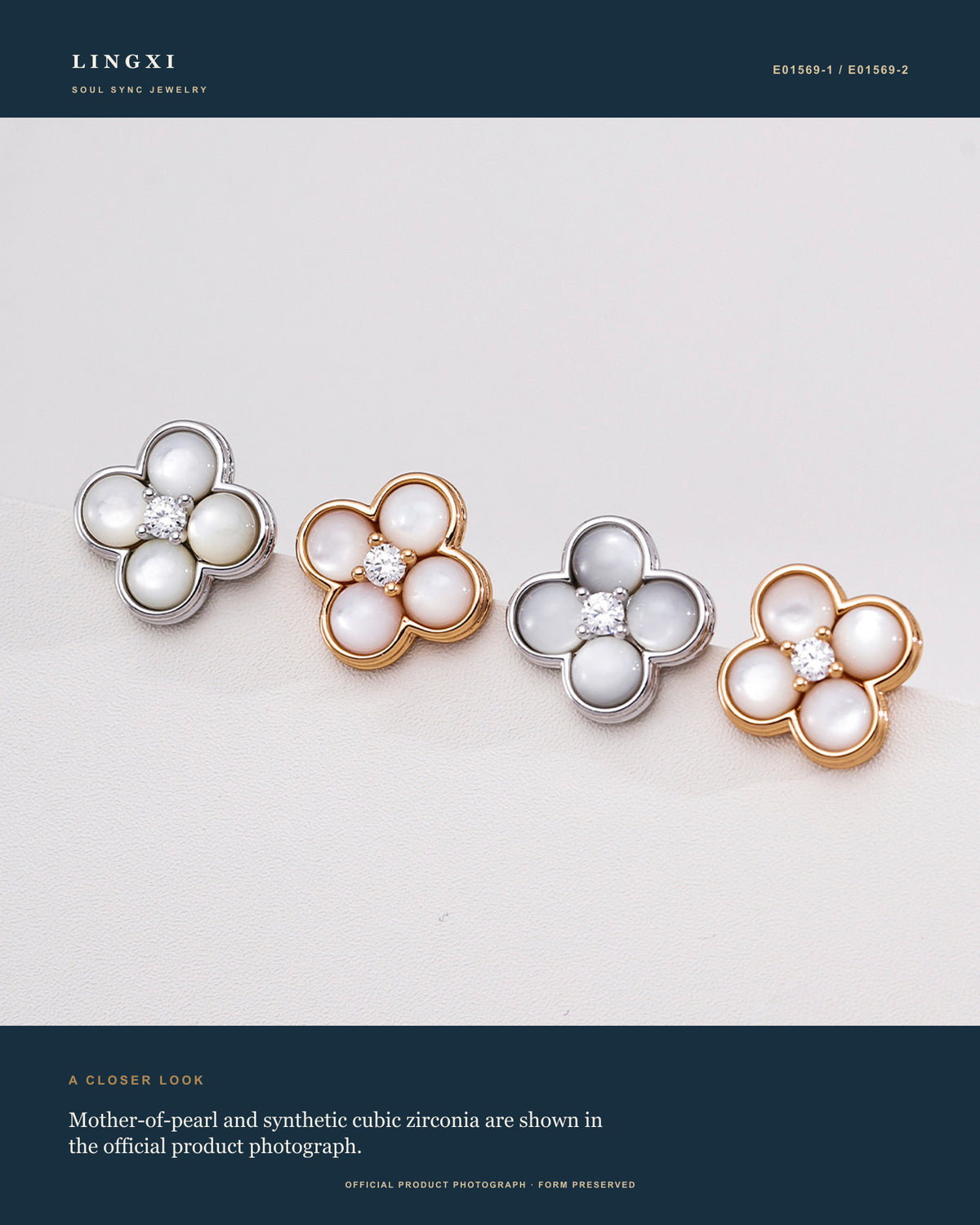 Close-up official product view of the Lingxi Inner Gleam Earrings in 925 Sterling Silver, mother-of-pearl, synthetic cubic zirconia.