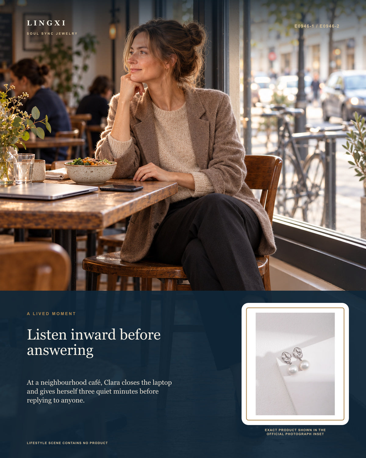 Lifestyle collage with Clara: At a neighbourhood café, Clara closes the laptop and gives herself three quiet minutes before replying to anyone. Story image for the Lingxi Held Tide Earrings.