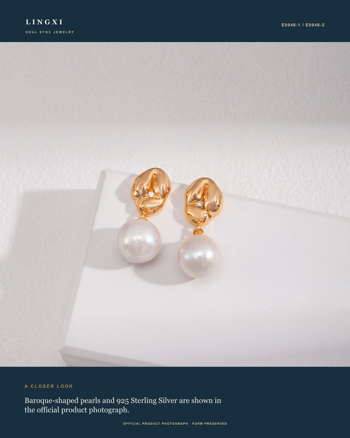 Close-up product view of the Lingxi Held Tide Earrings with baroque-shaped pearls and 925 Sterling Silver.