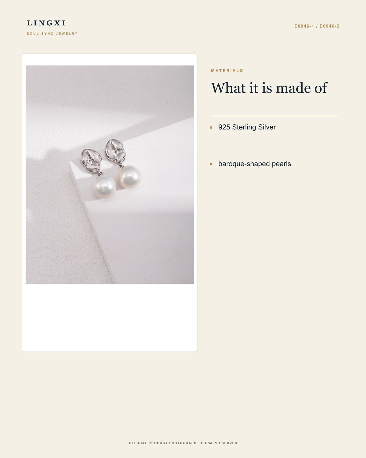 Held Tide Earrings materials: 925 Sterling Silver and baroque-shaped pearls.