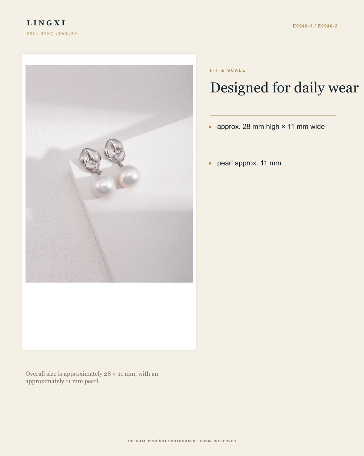 Held Tide Earrings fit and scale, including overall dimensions and pearl size.