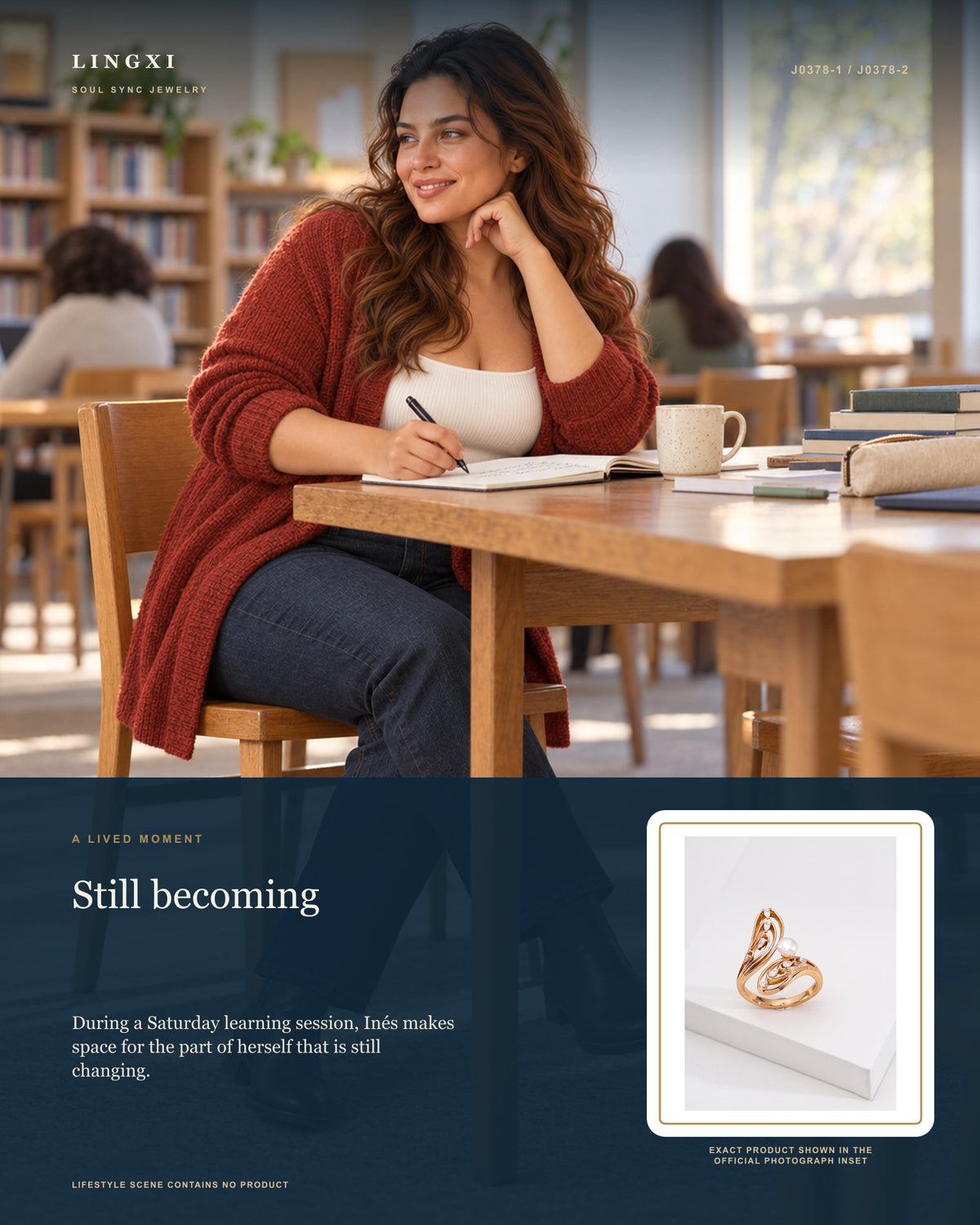 Lifestyle collage with Inés: During a Saturday learning session, Inés makes space for the part of herself that is still changing. Story image for the Lingxi Becoming Ring.
