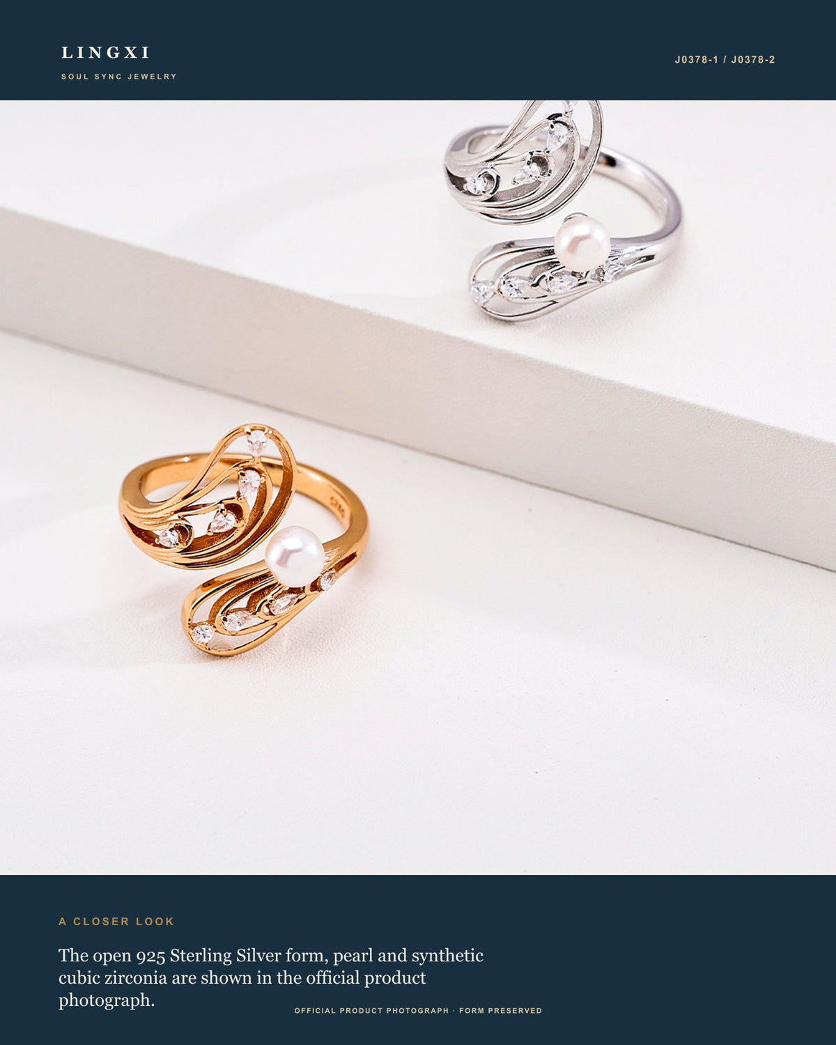 Close-up product view of the Lingxi Becoming Ring with an open butterfly-inspired form, pearl and 925 Sterling Silver.