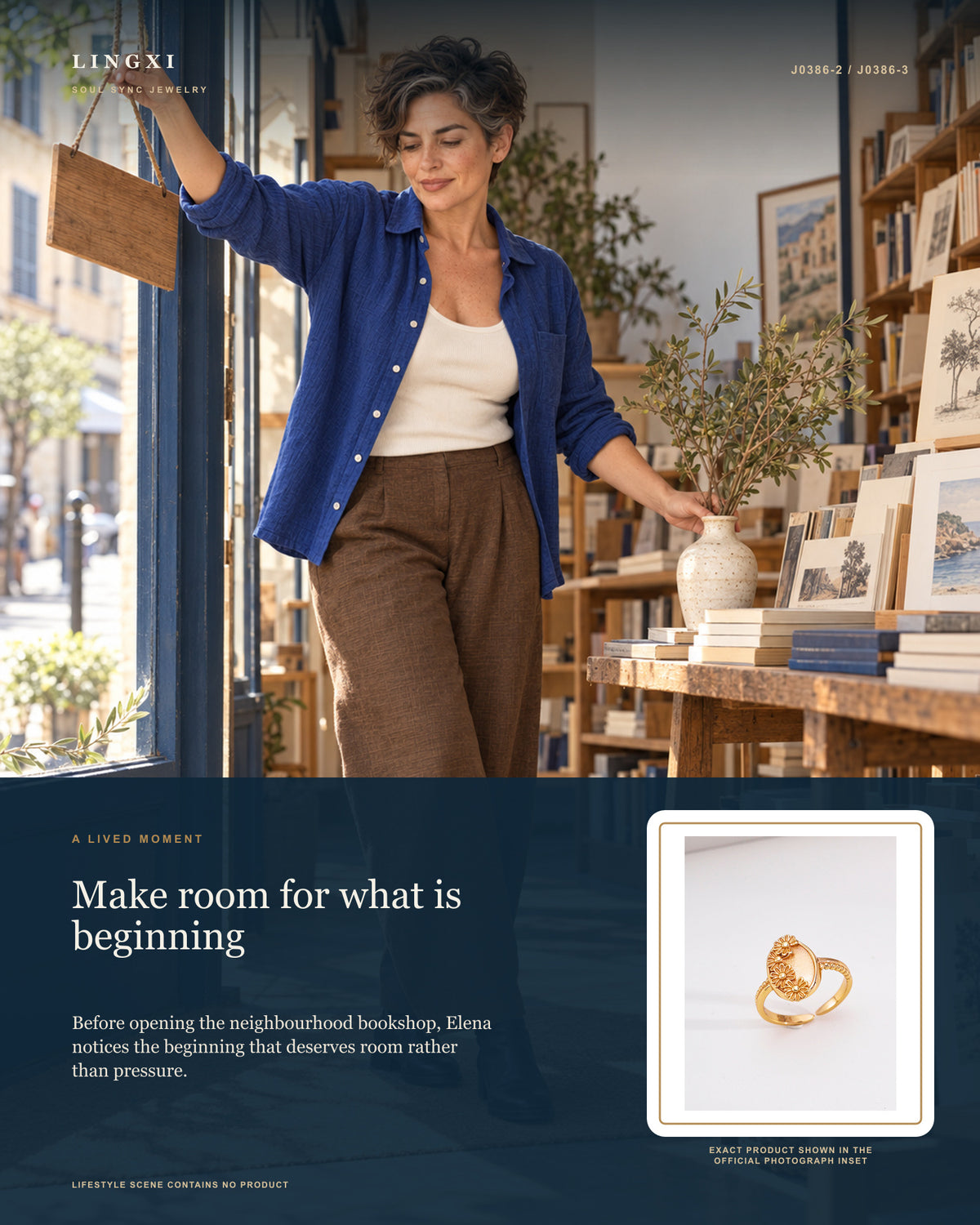 Lifestyle collage with Elena: Before opening the neighbourhood bookshop, Elena notices the beginning that deserves room rather than pressure. Story image for the Lingxi First Bloom Ring.