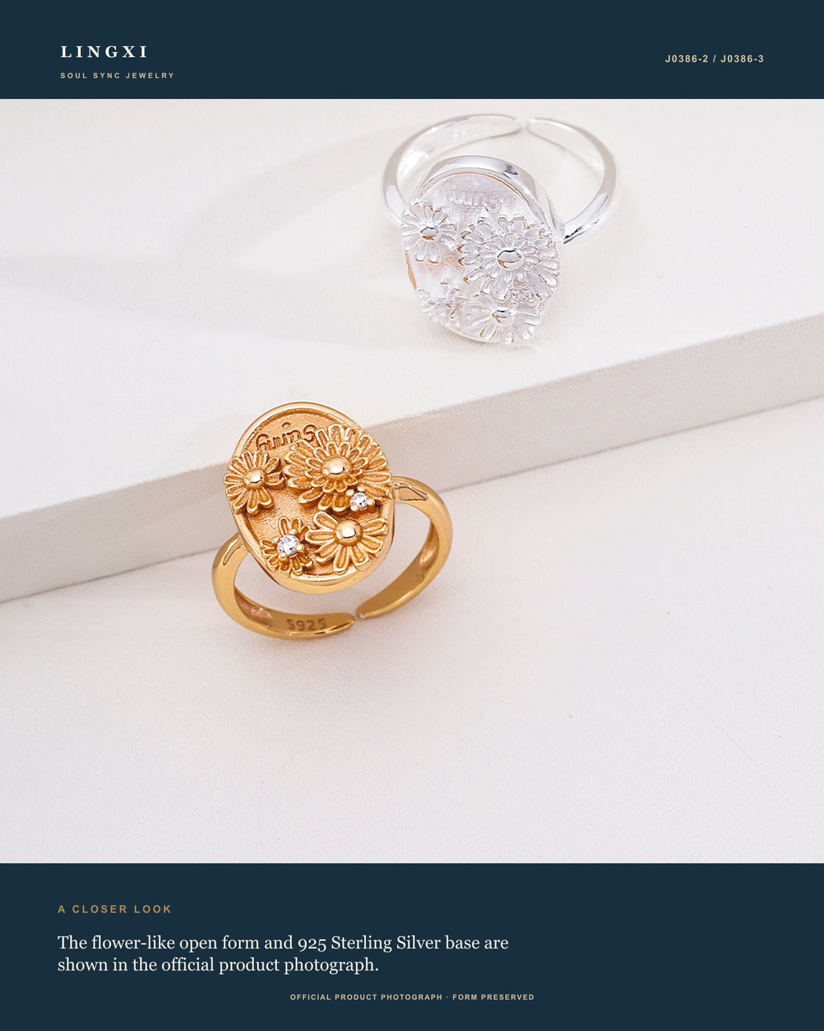 Close-up product view of the Lingxi First Bloom Ring with a flower-inspired open form and 925 Sterling Silver.