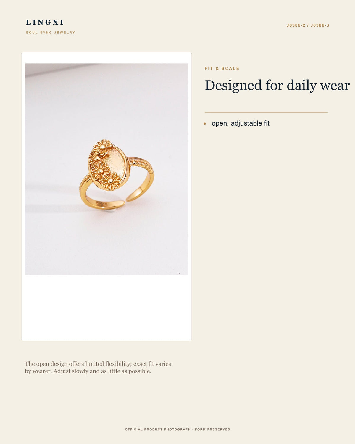 First Bloom Ring open adjustable fit and daily-wear scale.