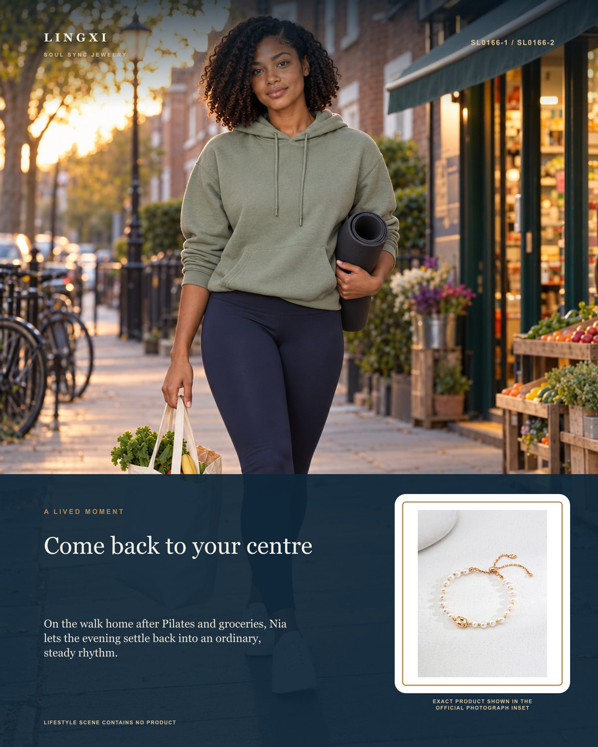 Lifestyle collage with Nia: On the walk home after Pilates and groceries, Nia lets the evening settle back into an ordinary, steady rhythm. Story image for the Lingxi Still Centre Bracelet.
