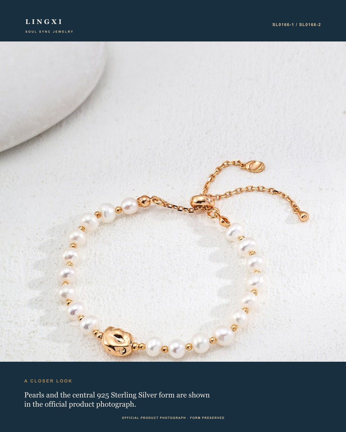 Close-up product view of the Lingxi Still Centre Bracelet with pearls and 925 Sterling Silver.