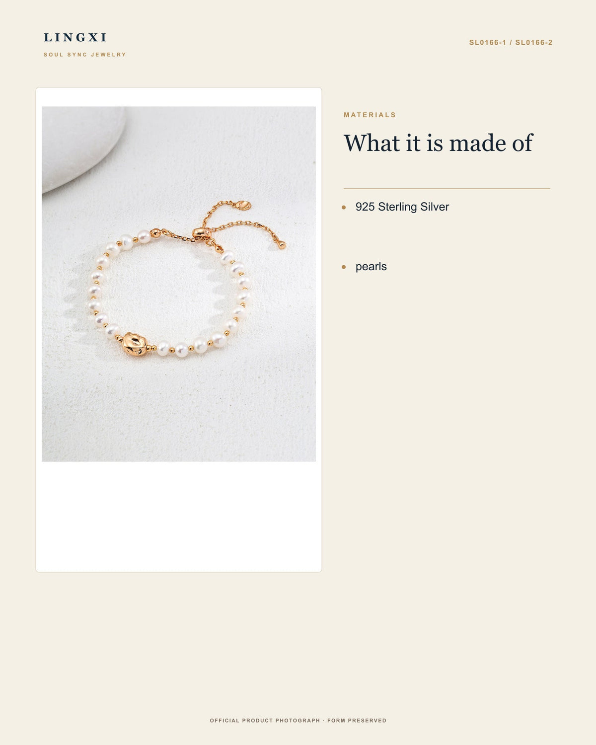 Still Centre Bracelet materials: 925 Sterling Silver and pearls.