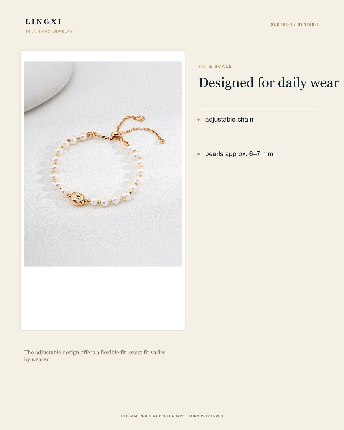Still Centre Bracelet adjustable fit and pearl scale.