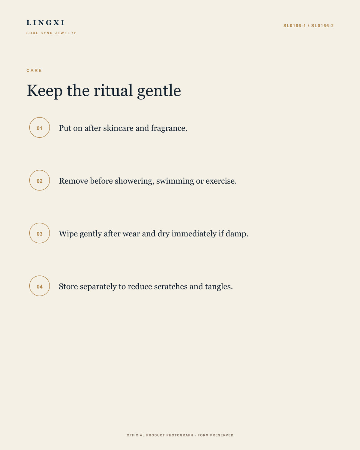 Care guide for the Lingxi Still Centre Bracelet.